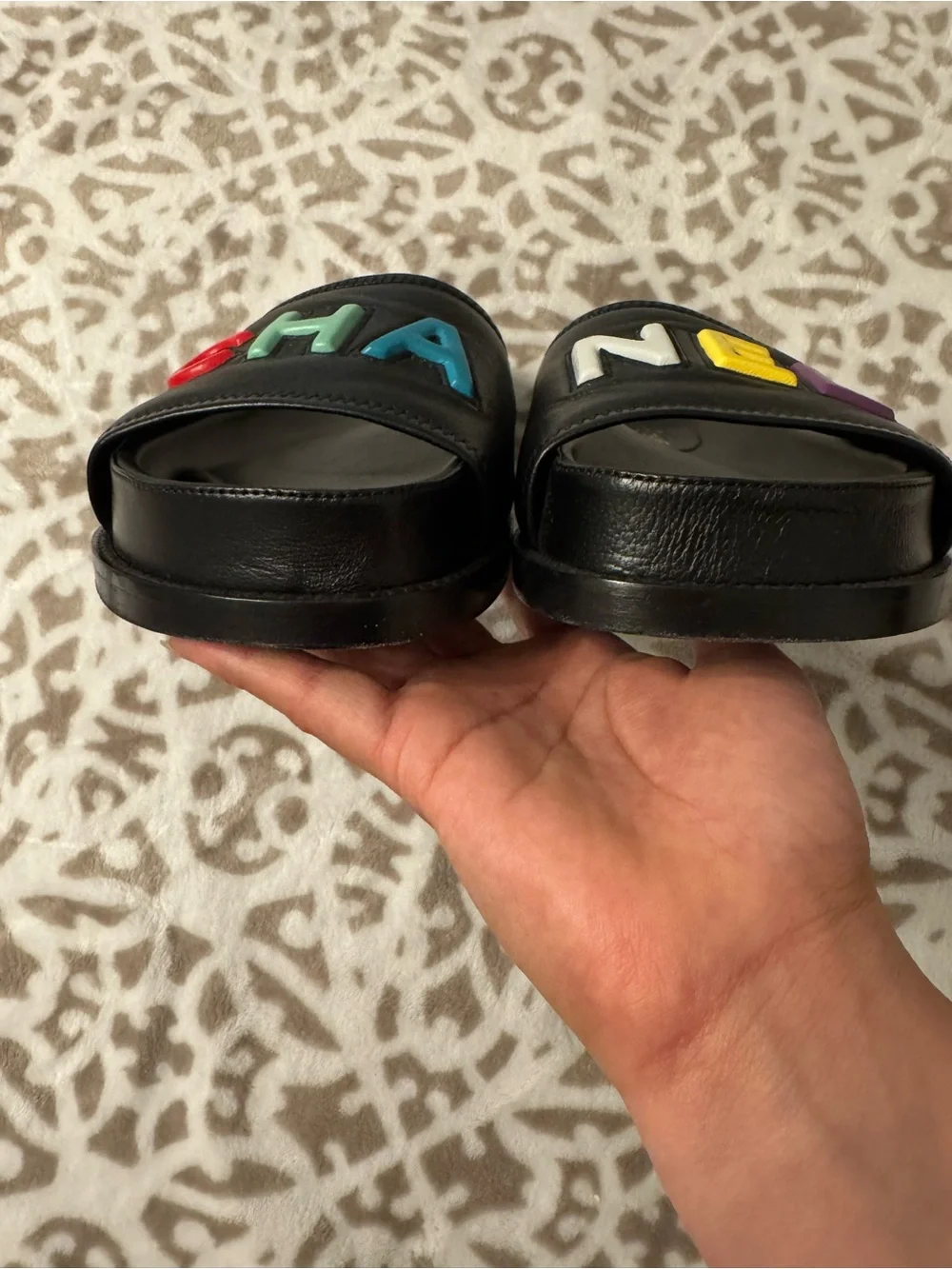 CHANEL ‘22 Black Multicolor Logo Leather Slides 39
